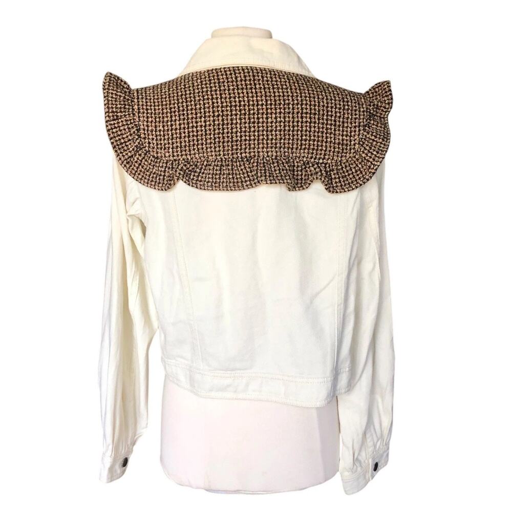 POL White Denim Jacket Ruffle Tweed Collar Frayed Hem Button Front Boutique SM - Picture 5 of 9